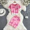 Two Piece Dress Sexy Fashion Knitted Two Piece Set Women Summer O-Neck Short-sleeved Short Sweater Tops and Bodycon Mini Skirts Suits 230629