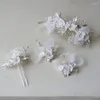 Haarspangen Charmante Chiffon-Blume Brautkammnadel Silberfarbenes Blatt-Hochzeits-Kopfstück mit Ohrringen Frauenschmuck