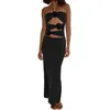 Casual Dresses Women Y2k Strapless Off Shoulder Tube Long Dress 3D Floral Irregular Ruffle Hem Bodycon Skinny Hollow Backless Party