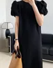 Luxury French Premium Bubble Sleeves Green Straight Dress Summer Women's Mid length Loose fitting Long Dress 9325