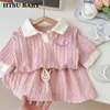 Clothing Sets HTSU BABY Girls Pink Color Suits Polo Neck Short Sleeve T shirt Bandage Elastic Waist Shorts Children s Breathable Two Piece Set 230630