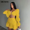 Vestido de dos piezas CM.YAYA Conjunto de dos piezas para mujer Conjuntos elegantes Tops cortos con mangas de linterna y minifaldas de sirena con volantes Conjunto a juego Otoño 230629