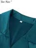 Women's Two Piece Pants Satin Causal Green Sets Women Long Sleeve Blazer Loose Top Wide Leg Office Lady Outfits Elegant Female Suits