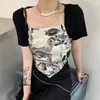 Pulls Femme Noir Blanc Pull Court Été Irrégulier Chemise À Tricoter Élégant Vintage Imprimé Écharpe Patchwork Tricots T-shirt Tops