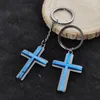 Keychains Classic Crucifix Pendant Mens Keychain Personality Creative Double Layer Blue Color Cross Key Ring Christian Believers Jewelry