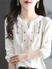 Kvinnor S BLOUSES SHIRT Spring Autumn White Tops Lady Casual Embroidery V Neck Long Sleeve Vintage Loose Blusas Top DF4272 230629