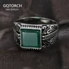 With Side Stones 925 Sterling Silver Rings Mens Rings Vintage Flower Engraved Black Green Red Natural Onyx Stone Square Shape Punk Turkey Jewelry 230629