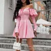 Casual Dresses Sexig Off Axel High midja lång ärm PLESSED Evening Dress Prom Gown Women Elegant Fashion Corset Party