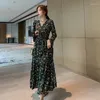Casual Dresses Korean Style Retro Long Women Party Slim Print Chic Black Dress High Printing Boho Vintage Flower Clothing 2023