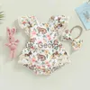 Ensembles de vêtements VISgogo bébé fille 2 pièces tenue de Pâques manches volantées col carré à volants lapin imprimé cerf barboteuse avec arc bandeau ensemble de vêtements d'été J230630