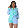 Women's Tracksuits Casual Summer Tracksuit Female Two Piece Set Striped Print Turn Down Collar Long Sleeve Shirt Tops And Mini Shorts Suit 230630