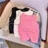 Kvinnors västar diamanter Argyle Slim Knit Sweater Vest Crop Tops 2023 Summer ärmlös O Neck Knitwear Stylish Fashion Sexy Pullovers 230630