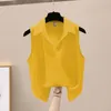 Erkek Kazak Düz Renk Kolsuz Şifon Krep Gömlek Yaz Kadın Bluzlar Moda Beyaz Sarı Düğme Gömlek Ofis Bayanlar Temel Üst