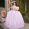 Abiti da quinceanera da ballo principessa lucida rosa per abiti da cerimonia con scollo a barchetta con spalle scoperte e perline Tulle 15 Gilrs