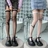 Women Socks Summer Silky Ultra Thin Sheer Thigh High Stockings Vintage Gothic Punk Sword Printed Harajuku Over Knee Long