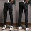 Painted Damage Jeans Man Distressed Patches Skinny Fit Zwart Vintage Biker Fit Denim261w