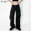 Damen Jeans Punk Schwarz Cargo Große Taschen Basic Harajuku Hose Hohe Taille Gothic Gerade Hose Kpop Frauen Akademische Jogginghose 90er Jahre