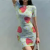 カジュアルドレス夏の女性用半袖の丸いネックスカートエレガントでフルーツ3D印刷ファッションパーティーラップヒップ