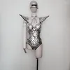 Stage Wear Mirror Bodysuit Women Dance Costume Gold Silver Sequins Shoulder Hollow Out Rave Bar Outfit Performance Clothes Show