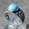 Cluster Rings Handcraft 925 Sterling Silver Antique Jewelry Blue Color Ring Natural Stone Larimar