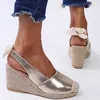 Sandaler Womens Summer Large Size Spot Wedge Buckle Belt Serpentine Open Toe High Heel Shoes 43 230630