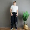 Pantalones activos Primavera Hombres Pantalones de chándal Lino Embroid Suelto Secado rápido Pierna ancha Bloomer Baggy Running Jogger Entrenamiento Casual Gimnasio Pantalón Ropa deportiva