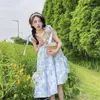 Casual Dresses Korean Summer Kawaii Sweet Soft Girly Cute Jacquard Dress Square Collar Bandage Bow Sleeveless Folds Camisole