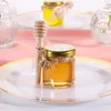 Décoration de fête Hexagone Mini pots de miel en verre avec couvercles en bois Couvercles en or Pendentifs d'abeilles Jutes Autocollants Parfait pour le mariage de douche de bébé