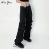 Damen Jeans Punk Schwarz Cargo Große Taschen Basic Harajuku Hose Hohe Taille Gothic Gerade Hose Kpop Frauen Akademische Jogginghose 90er Jahre