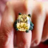 With Side Stones KQDANCE Cushion Cut Created Big Yellow Citrine Diamond Rings for Women With Green Zircon Stone Black Gold plated Jewelry 230629