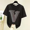 Women Designer T Shirt Designer toppar Women Cotton Tshirt Applique Shiny Diamond Summer Women Long Black T Shirt Womens T-shirt Kläder T-shirt Shirt Femme grils