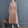 Casual Dresses 2023 Vintage Women Dress Cotton Linen Long Sleeve Solid Color V-neck Ankle Length Female Robe Spring Autumn Clothes