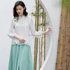 Etniska kläder 2023 Förbättrad Cheongsam Zen Top For Women Vintage Brodery Stand Collar Blue Chinese Half Sleeve Loose Chiffon G491