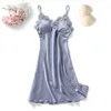 Women's Sleepwear Sexy Satin Silk Nightgown Lace V Neck Dress Summer Padded Pajama Suspender Home Wear Nightdress