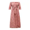 Casual Dresses Women's Floral Print Summer Dress Off Shoulder Ruffled Belt Chiffon Wrapped Chest Pleated Long Large Size Cloth