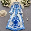 Casual Dresses Summer Autumn Runway Blue and White Porcelain Print Long Vintage Women's V Neck Flower Lantern Sleeve Holiday Robe
