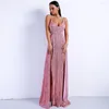 Casual Kleider Frauen Sommer Sexy V-ausschnitt Tank Schulterfrei Rückenfrei Sparkly Pailletten Split Abnehmen Luxus Maxi Lange Abend Party Kleid rosa