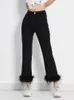 Женские джинсы, черные лоскутные штаны с перьями для женщин, однотонные минималистичные брюки с высокой талией, женская корейская модная одежда, стиль