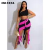 Tweedelige jurk CM.YAYA Mode strand damesset met kwastje, gestreepte midi-rok en crop-top met één schouder, sexy feestoutfit Twee 2-delige set 230629