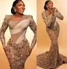 Aso Ebi Gold Mermaid Prom Dress Perbed Lace Lace Evening Formal Fête Deuxième réception Anniversaire Bridesmaid Engagement Robes Robe de Soiree