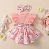 Ensembles de vêtements nouveau-né bébé filles vêtements de Pâques lapin imprimé côtelé patchwork mouche manches combinaison ALine barboteuse avec arc bandeau J230630