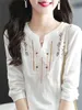 Kvinnor S BLOUSES SHIRT Spring Autumn White Tops Lady Casual Embroidery V Neck Long Sleeve Vintage Loose Blusas Top DF4272 230629