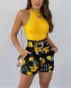 Fatos de treino femininos 2023 Ternos de duas peças Colorblock Top sem mangas Estampa floral Bolso Design Shorts Conjunto Casual Terno Halter Blusa