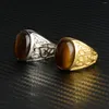 Cluster Rings Turkish Handmade Vintage Stainless Steel Brown Tiger Eye Stone Ring For Men Spiral Engraved Statement Retro Wedding Band