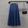 Dresses 2022 Spring Summer New in Denim Skirt Women Casual Elastic High Waist Ruched Pleated Washed Denim Cotton Skirts Blue Midi Falda