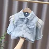 Jackor Spring Fall Fashion Girls Denim Jacket Falbala Full Sleeve Cartoon Cat Embroidery Casual Toddler Girl Lace Bow Jean Tops Outwear 230630