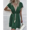 Casual Jurken Boho Jurk Vrouwen Strand Kant Stiksels Ruffle Patchwork Effen V-hals Korte Mouw Mini Lady Zomerkleding Zonnejurk