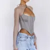 Kvinnors T -skjortor Meqeiss Mesh Se genom Grey Corset Tops Kvinnor Elegant Summer Outfits Streetwear Långärmad halter Top Tees Fall Clothes