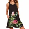 Casual Dresses Women Summer 2023 Lady Boho ärmlös Floral Printd Tank Dress Löst fit Bohemian Beach sundress med fickor