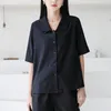 GIDYQ Y2K Chemise en Mousseline de Soie à Double Col Mode Coréenne Tout Match Femmes Demi Manches Tops Été Décontracté Bureau Dames Noir